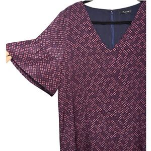MADEWELL | Silk Clover Pattern Bell Sleeve Dress, Navy Blue, Red & Pink, Size 2